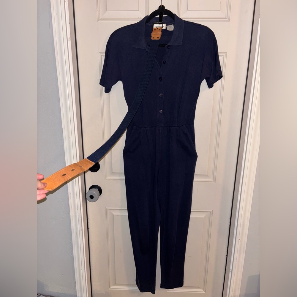 Vintage Jumpsuit So Flattering Liz Claiborne Petite Navy Blue 100% Cotton Polo